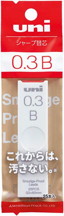 uni Mitsubishi Pencil Mechanical Pencil Lead Refill uni Smudge-Proof Lead 0.3mm B, Packed, ULS03251PB