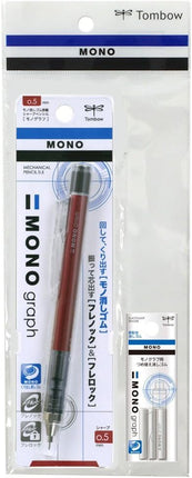 Tombow Mechanical Pencil MONO graph 0.5, 0.5mm, Red, with Refill Erasers, PCC-231CAZ