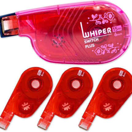 PLUS, Correction Tape, Whiper Switch, 6mm, Rose Pink, Limited, 1 Unit + 3 Refill Tapes Pack, 50-396