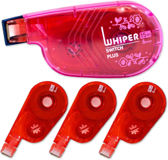 PLUS, Correction Tape, Whiper Switch, 6mm, Rose Pink, Limited, 1 Unit + 3 Refill Tapes Pack, 50-396