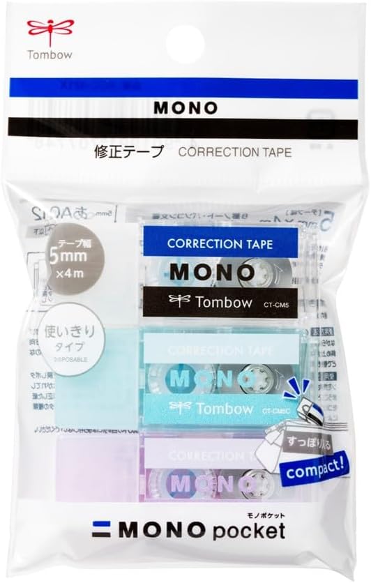 Tombow, Correction Tape, MONO pocket, 5mm,  Assorted 3 Pieces Pack (MONO Color / Blue / Purple), KCC-321X