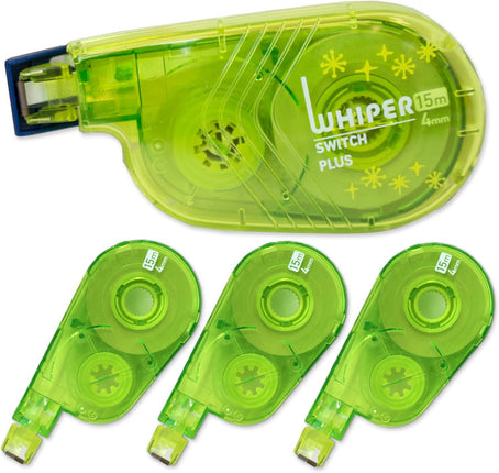 PLUS, Correction Tape, Whiper Switch, 4mm, Limited Lime Green, 1 Unit + 3 Refill Tapes Pack